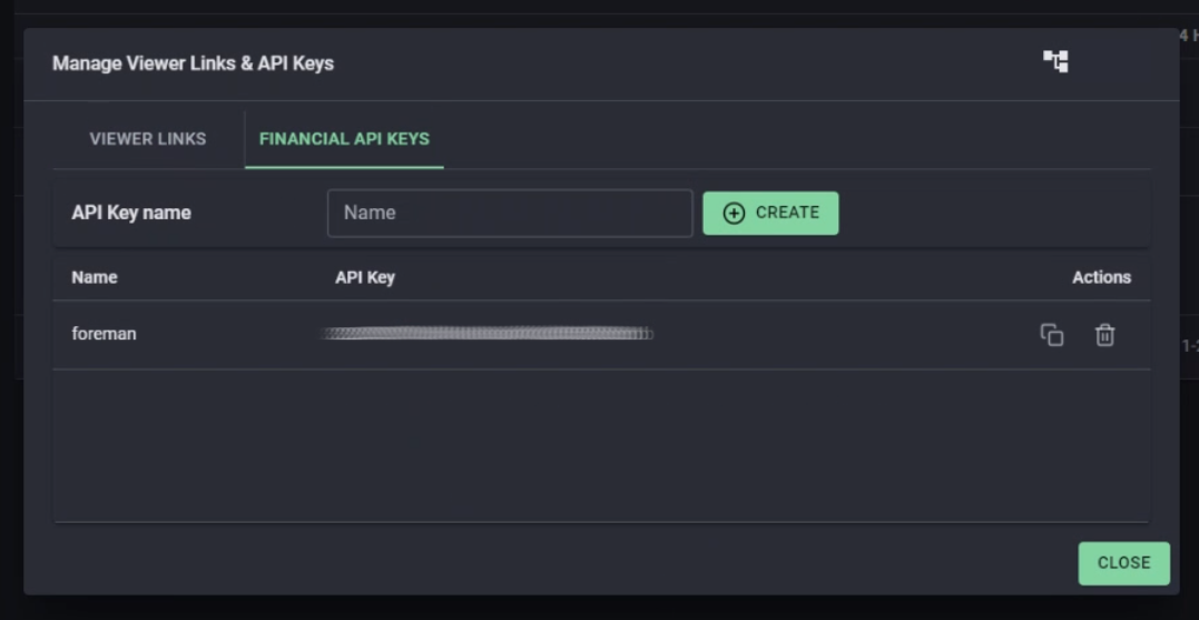 A newly created Financial API key.